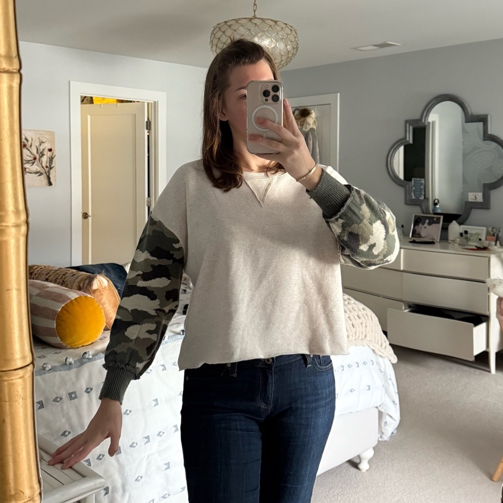 Vintage Havana Cream Sweater with Camouflage Sleeves